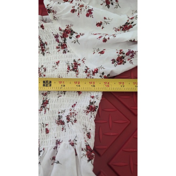 Floral Smocked Puff Sleeve Peplum Top White Red Square Neck Cottagecore Boho - Picture 5 of 6